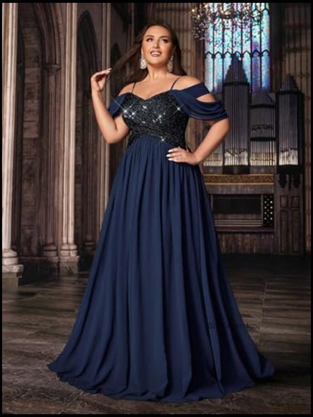 Plus Size Sequin A-Line Maxi Dress with Spaghetti Straps Formal Prom Wedding - Picture 5 of 7
